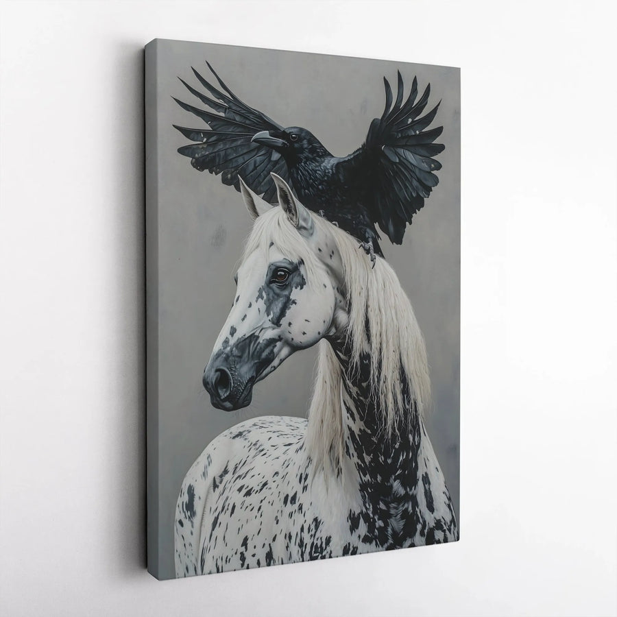 Appaloosa Horse Wall Art | Raven Bird Gothic Oil Painting Style | 1.25 Inch Premium Gallery Wrapped Canvas | Moody Home Decor Gift