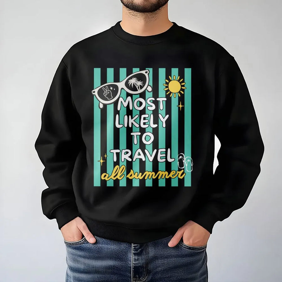 Most Likely To Travel Sweatshirt | Retro Summer Graphic Pullover | Premium Soft Cotton Blend | Funny Vacation Gift for Traveler