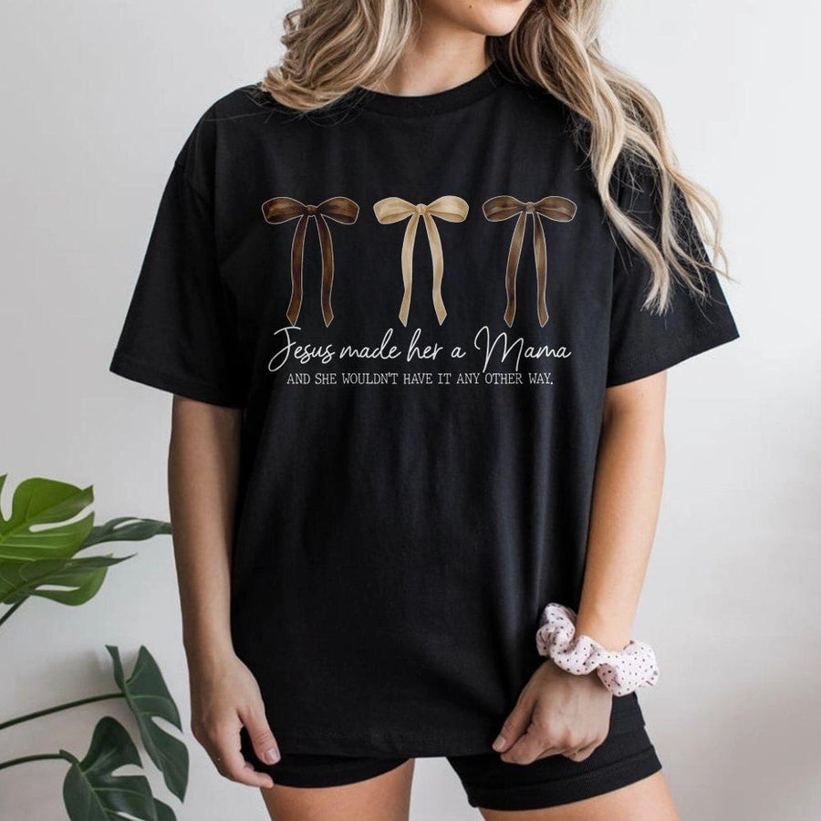 Jesus Made Her A Mama T-Shirt | Boho Bow Graphic Design | Soft Cotton Premium Apparel | Faith Based Gift For Christian Mom