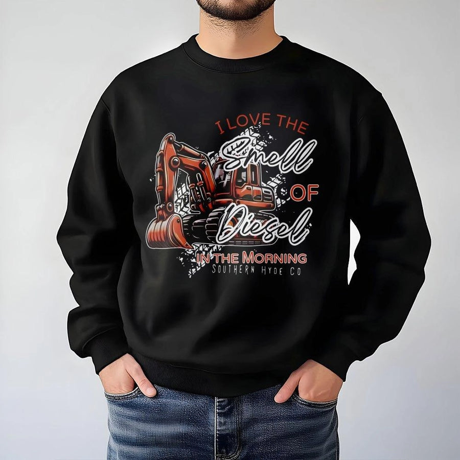 Smell Of Diesel In The Morning Sweatshirt | Construction Excavator Graphic | Premium Cotton-Poly Blend | Heavy Equipment Operator Gift For Men