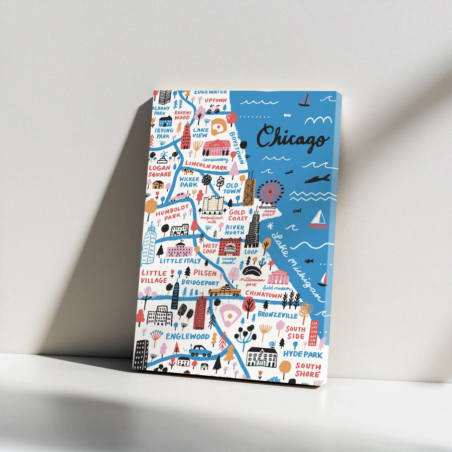 Chicago Map Canvas Print | Illustrated Neighborhoods Wall Art | Premium Thick Gallery Wrap | Collector's Home Decor Gift for Chicagoan