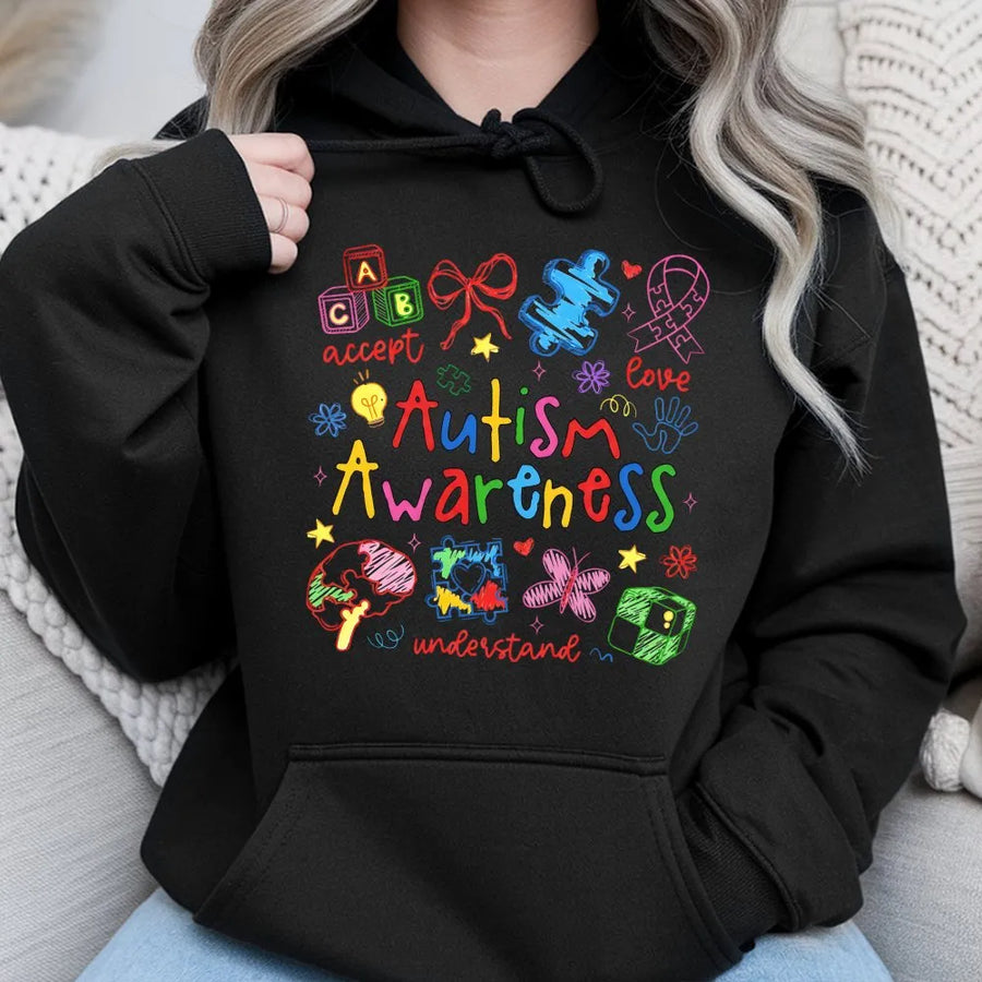 Autism Awareness Hoodie | Colorful Doodle Art Design | Premium Cotton Blend | Gift for Special Education Teachers & Advocates