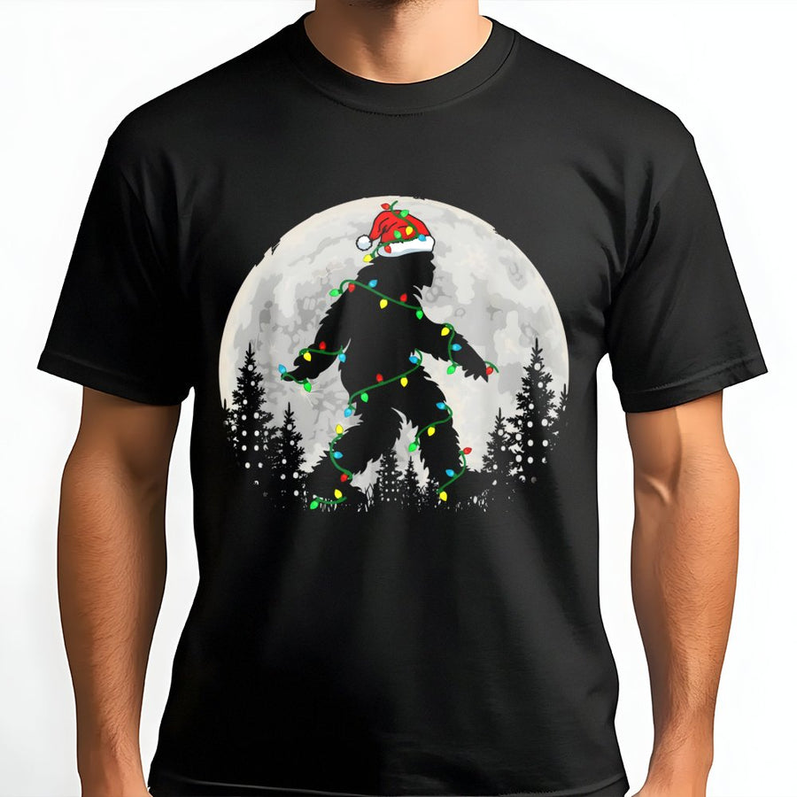 Bigfoot Christmas T-Shirt | Santa Hat Sasquatch With Fairy Lights | Soft Cotton Premium Apparel | Funny Holiday Gift For Bigfoot Lovers