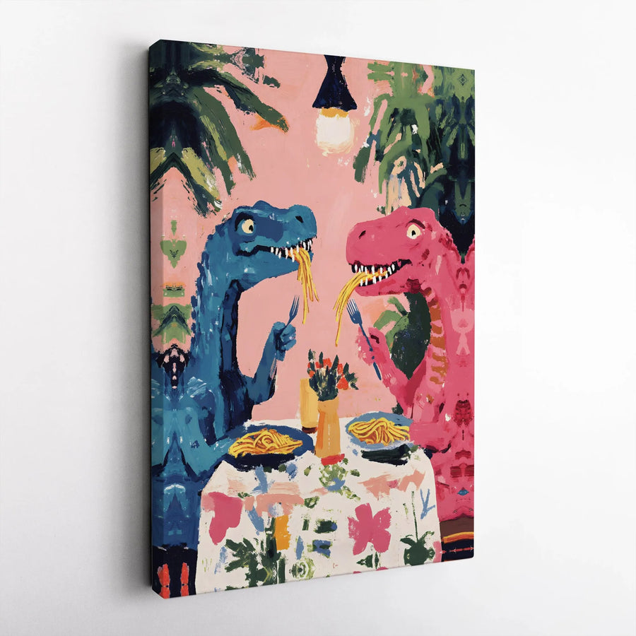 Dinosaur Date Canvas Wall Art | Whimsical T-Rex Couple Eating Spaghetti | Premium Gallery Wrap Print | Fun Home Decor Gift for Foodies
