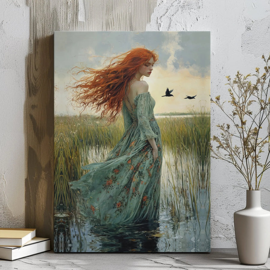 Red Hair Woman Canvas Wall Art | Ethereal Marshland Portrait | Premium Gallery Wrap Print | Whimsical Boho Home Decor Gift