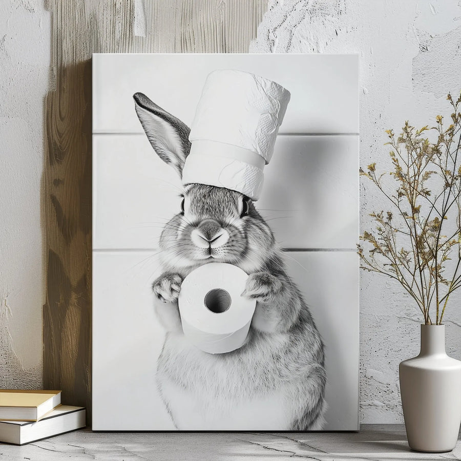 Funny Rabbit Bathroom Wall Art | Toilet Paper Hat Bunny Decor | Premium Gallery Wrapped Canvas | Whimsical Farmhouse Home Gift