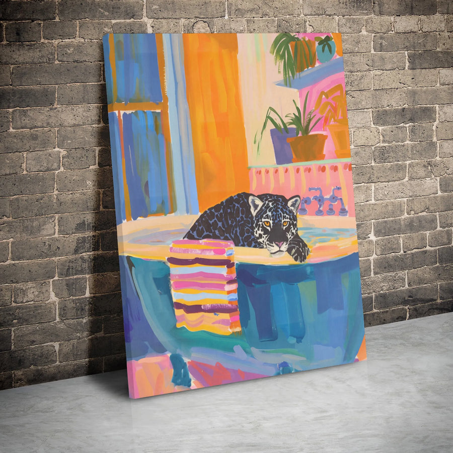 Black Jaguar Canvas Wall Art | Colorful Maximalist Bathtub Painting | Premium Gallery Wrapped Decor | Whimsical Animal Portrait for Home Office