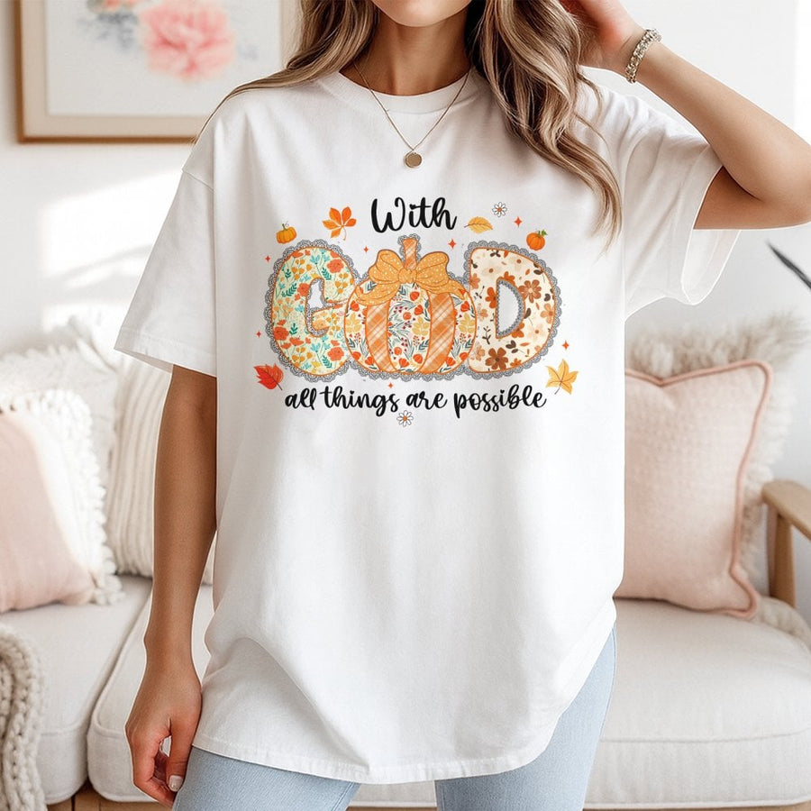 With God All Things Are Possible T-Shirt | Boho Floral Pumpkin Graphic | 100% Cotton Premium Tee | Christian Fall Faith Gift for Women