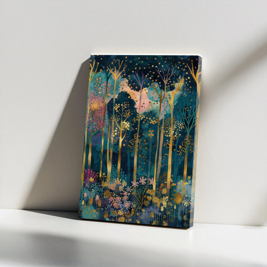 Abstract Enchanted Forest Canvas Art | Teal and Gold Woodland Wall Decor | Premium Gallery-Wrapped Print | Elegant Nature-Inspired Gift