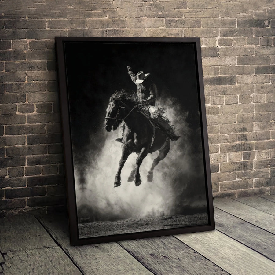 Rodeo Cowboy Canvas Wall Art | Black and White Bucking Horse Print | 1.25” Gallery Wrap Decor | Western Home Office Wall Decor