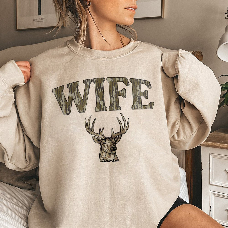 Wife Hunting Sweatshirt | Camo Deer Antler Graphic Design | Premium Cotton Blend | Gift for Hunter Wife and Outdoor Enthusiast