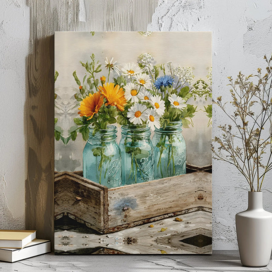 Wildflower Mason Jar Canvas Wall Art | Rustic Farmhouse Kitchen Decor | Premium Stretched Gallery Wrap | Floral Botanical Home Gift Idea