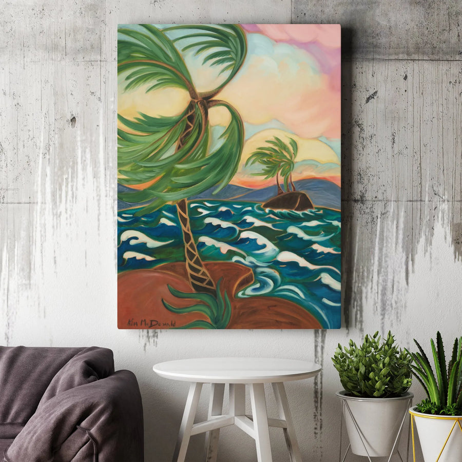 Maui Tradewinds Vertical Canvas | Vibrant Tropical Palm Tree Seascape | Premium Gallery Wrapped Wall Art | Coastal Home Decor Gift for Beach Lovers