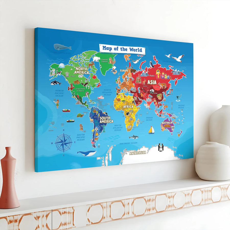 Kids World Map Canvas Wall Art | Educational Animal & Landmark Map | Premium Gallery Wrapped Canvas | Nursery Decor Gift for Young Explorer