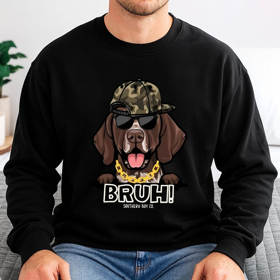 GSP Dog Sweatshirt | Bruh Camo Hat Graphic Print | Cotton Polyester Blend | Unisex Country Hunting Gift for German Shorthaired Pointer Lovers