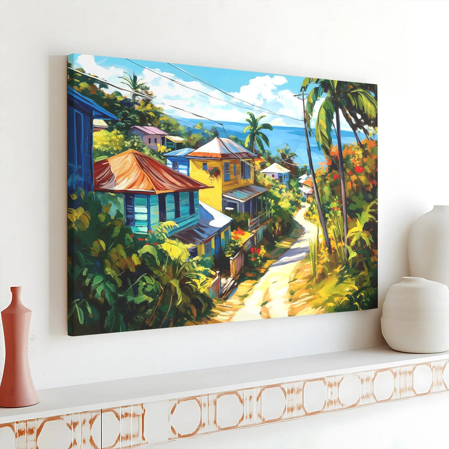 Tropical Village Canvas Print | Vibrant Caribbean Seaside Painting | Premium Gallery Wrapped Wall Art | Coastal Home Decor Gift