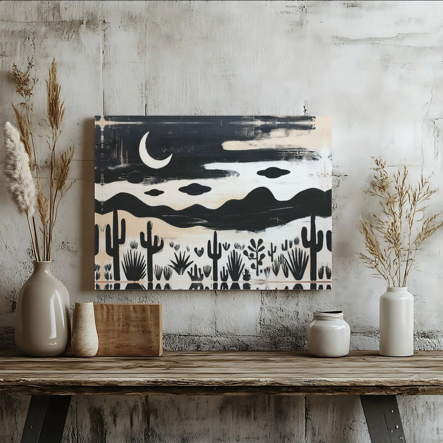 Abstract Desert Night Canvas Wall Art | Monochrome Cactus UFO Landscape Print | Gallery Quality Premium Decor | Modern Southwestern Home Gift