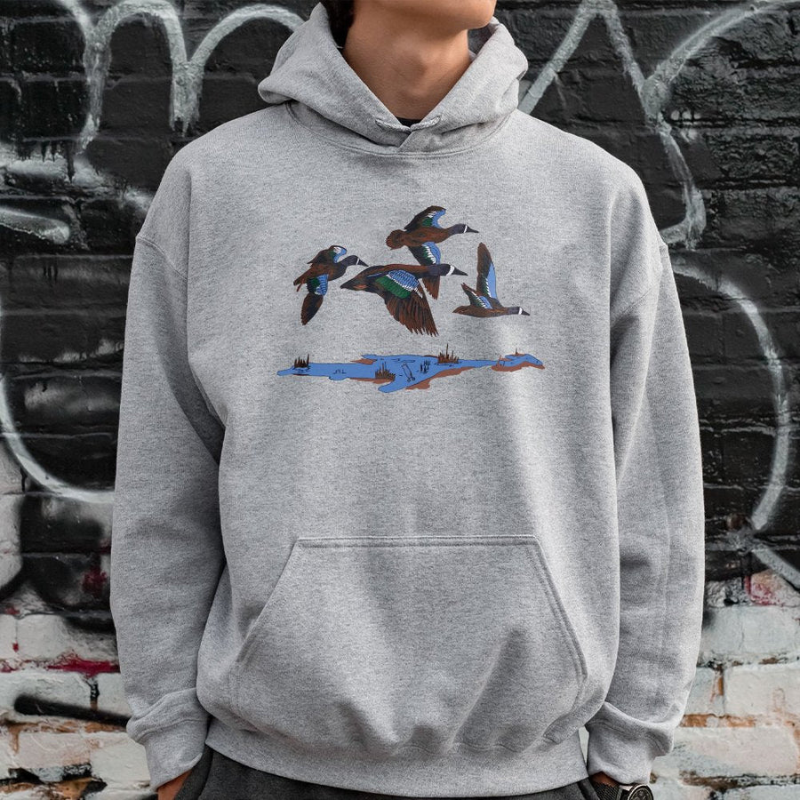 Flying Duck Hoodie | Wildlife Nature Graphic Pullover | Cotton-Poly Blend Premium Sweatshirt | Gift for Hunter Outdoor Enthusiast