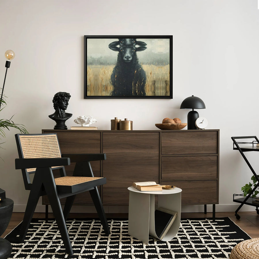 Surreal Black Sheep Wall Art | Four-Eyed Animal Canvas Print | Premium Gallery Wrap Decor | Unique Gothic Home Gift for Farmhouse Lovers