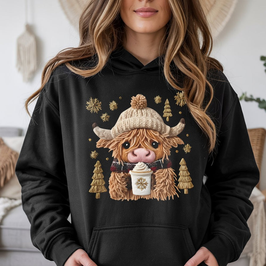 Highland Cow Christmas Hoodie | Festive Faux Embroidery Graphic | Premium Cotton Blend | Cozy Holiday Gift for Her