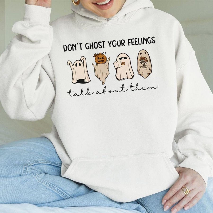 Mental Health Awareness Hoodie | Don't Ghost Your Feelings Ghost Design | Premium Cotton-Poly Blend | Cute Halloween Gift for Psychologists