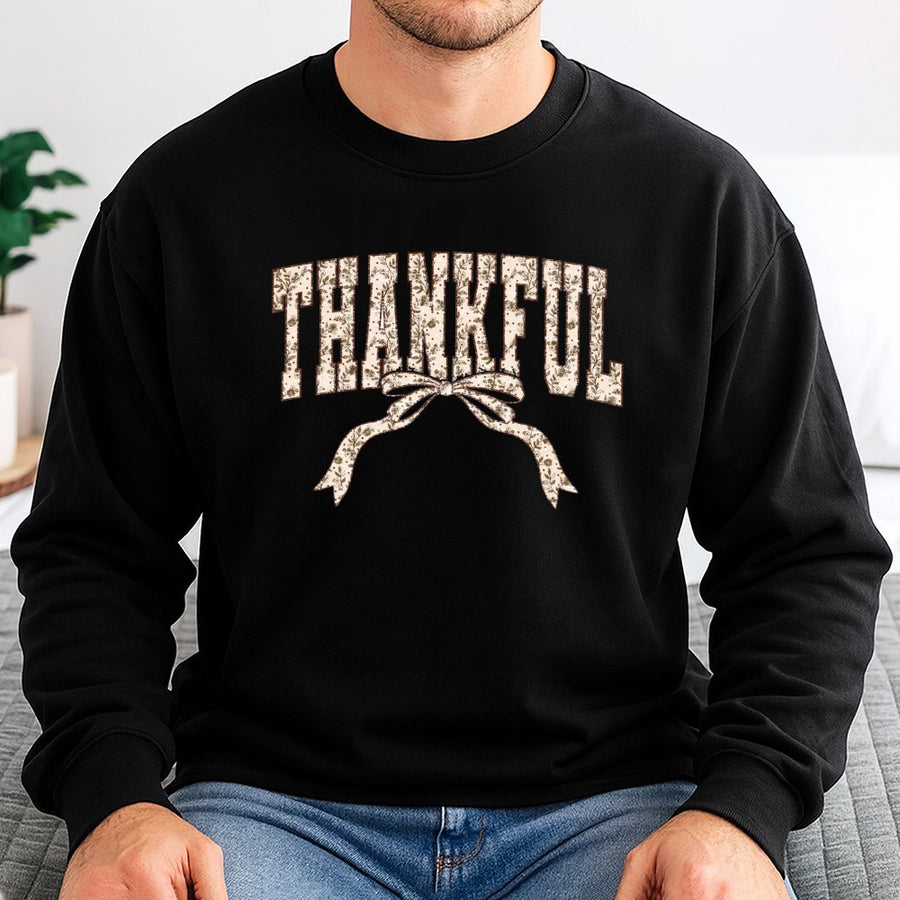 Thankful Floral Bow Sweatshirt | Coquette Thanksgiving Aesthetic | Premium Cotton Blend | Fall Gift for Women and Friends