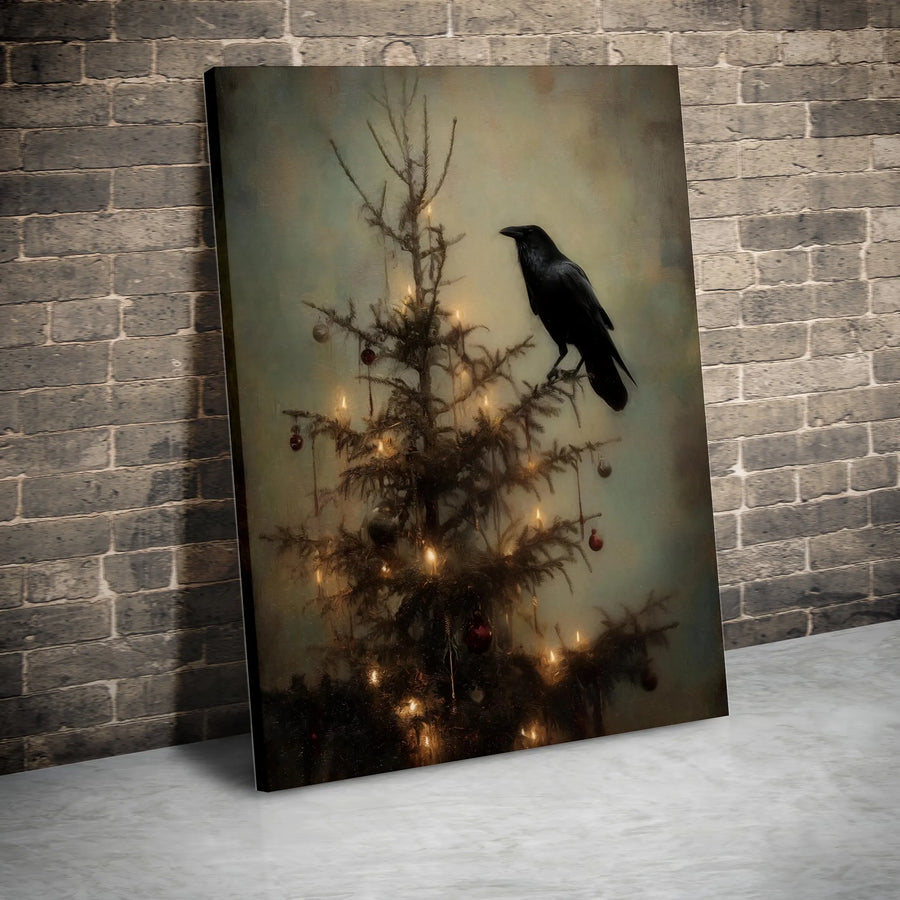 Gothic Raven Christmas Tree Wall Art | Dark Academia Holiday Decor | Premium Fade-Resistant Canvas | Moody Victorian Home Gift