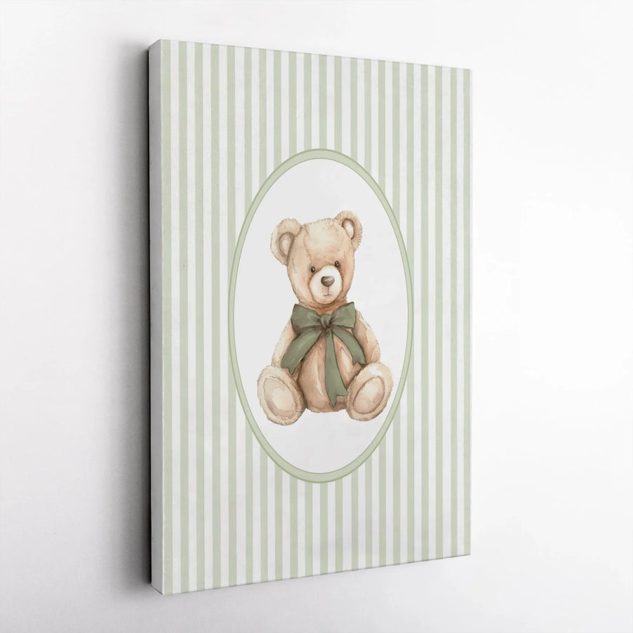 Watercolor Teddy Bear Canvas Print | Cute Bear on Striped Background | Premium Gallery Wrapped Canvas | Gender Neutral Nursery Decor Gift