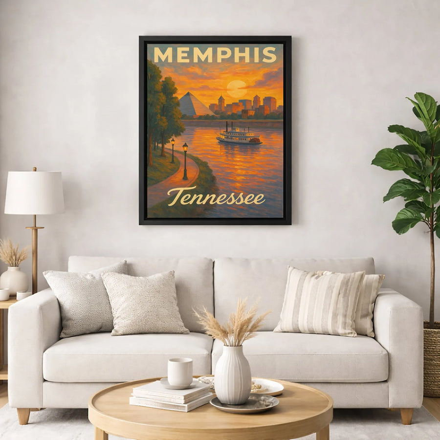 Memphis Tennessee Art Print | Vintage Riverboat & Pyramid Sunset Poster | Gallery-Quality Canvas Wall Decor | Travel Gift for Tennessee Lovers