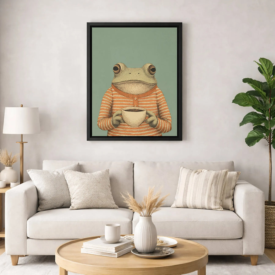 Frog With Coffee Canvas Wall Art | Anthropomorphic Toad Illustration | Premium Gallery Wrapped Print | Cute Home Decor Gift For Coffee Lovers