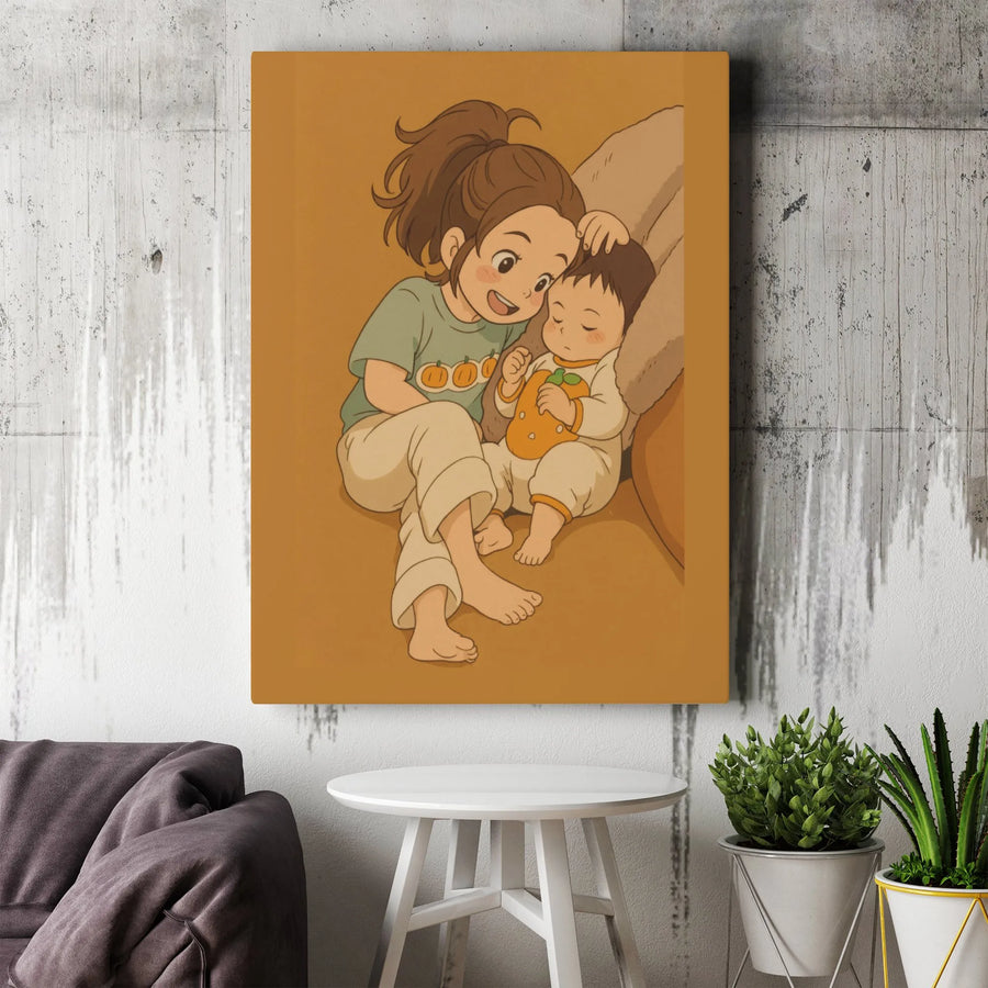 Anime Sister and Baby Wall Art | Cute Autumn Pumpkin Illustration | Gallery-Wrapped Canvas Print | Sweet Nursery or Bedroom Decor Gift