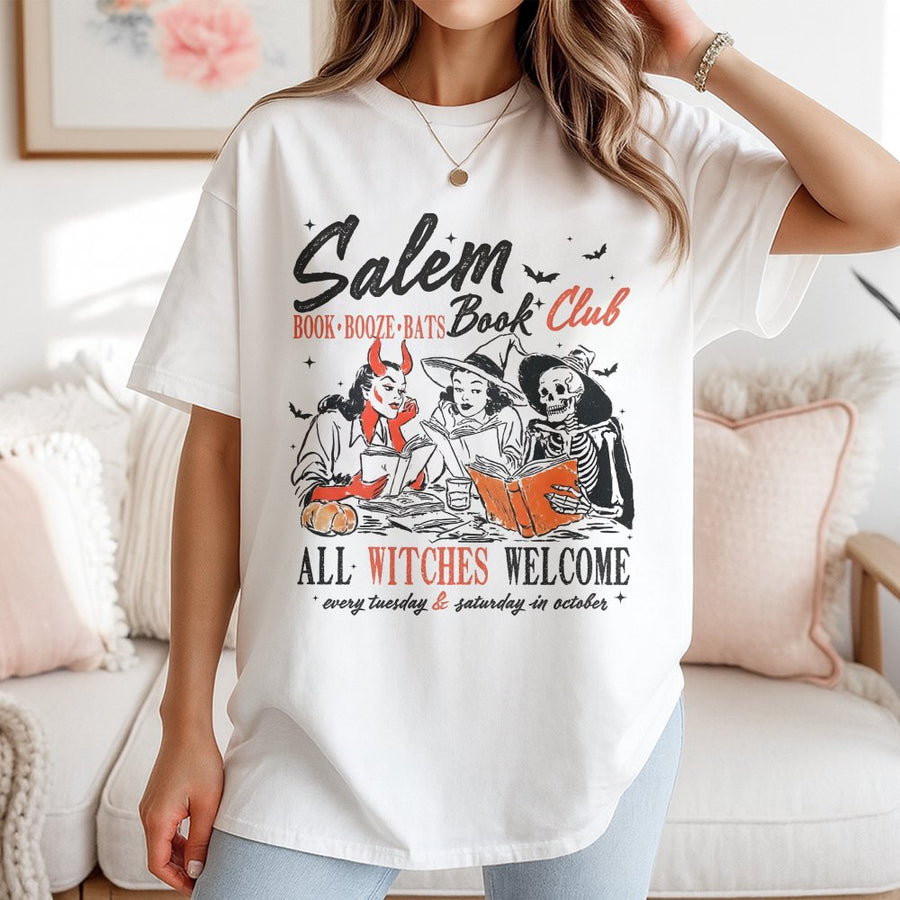 Salem Book Club T-Shirt | Retro Halloween Witchy Aesthetic Graphic | 100% Cotton Premium Tee | Spooky Reader Gift for Book Lovers