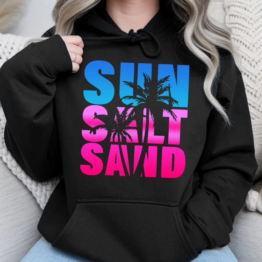 Sun Salt Sand Hoodie | Pink & Blue Ombre Palm Tree Graphic | Cozy Cotton Blend Pullover | Trendy Beach Lover Gift for Summer Vacation