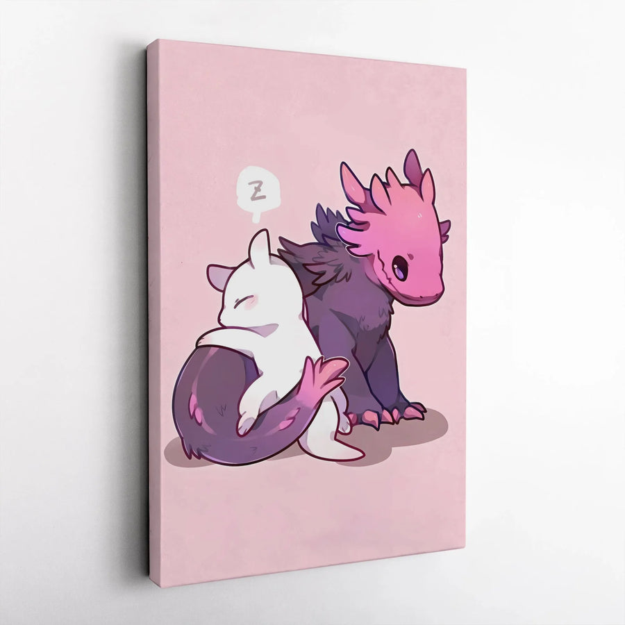 Kawaii Axolotl Wall Art | Sleeping Cute Creature Cuddling Illustration | Premium Stretched Canvas Print | Aesthetic Bedroom Decor Gift for Teens