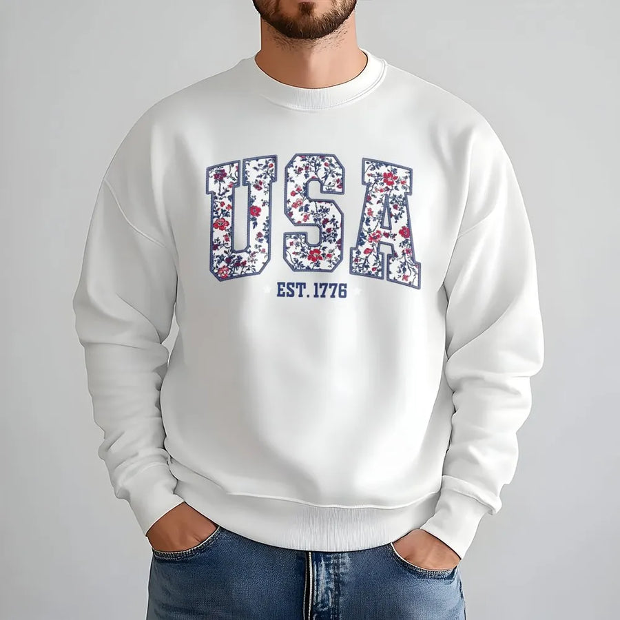 Patriotic USA Sweatshirt | Floral Est. 1776 Graphic Sweatshirt | Premium Cotton Blend | 4th of July Gift for Women