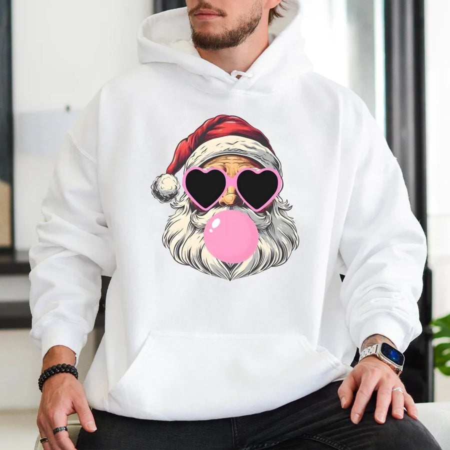 Cool Santa Hoodie | Retro Bubble Gum Santa with Heart Sunglasses | Premium Cotton Blend Unisex Sweatshirt | Funny Christmas Gift for Adults