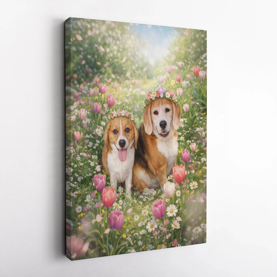 Beagle Dogs Canvas Wall Art | Spring Meadow Floral Crown Portrait | Gallery Quality Print | Premium Gift for Beagle Owner