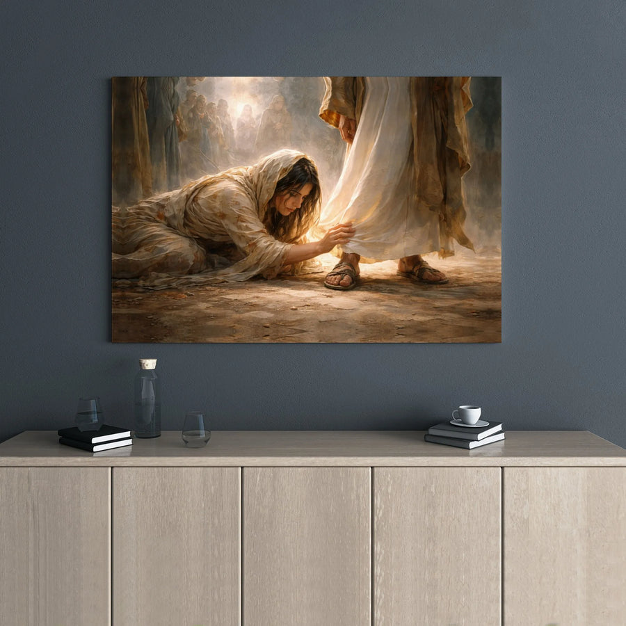 Woman Touching Hem of Jesus Canvas Print | Faithful Healing Story Art | Premium Gallery Wrapped Decor | Christian Home Gift for Believers