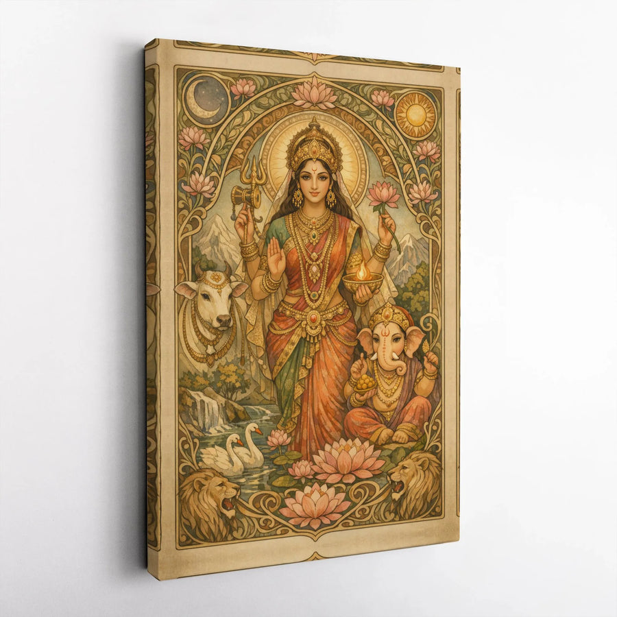 Lakshmi Ganesha Canvas Wall Art | Art Nouveau Style Hindu Gods Print | Premium Gallery Wrapped Canvas | Spiritual Gift for Meditation Room Decor