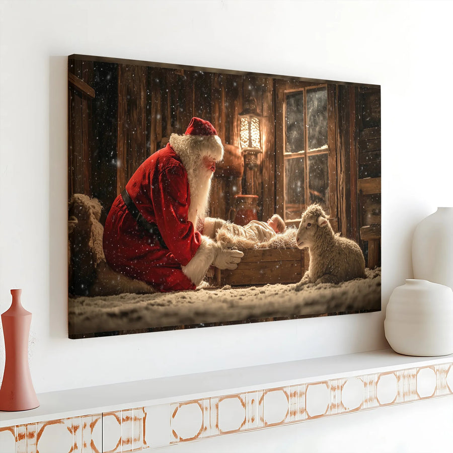 Nativity Canvas Wall Art | Santa Kneeling Before Baby Jesus | Premium Gallery Wrap Religious Holiday Decor | Christian Christmas Gift for Home