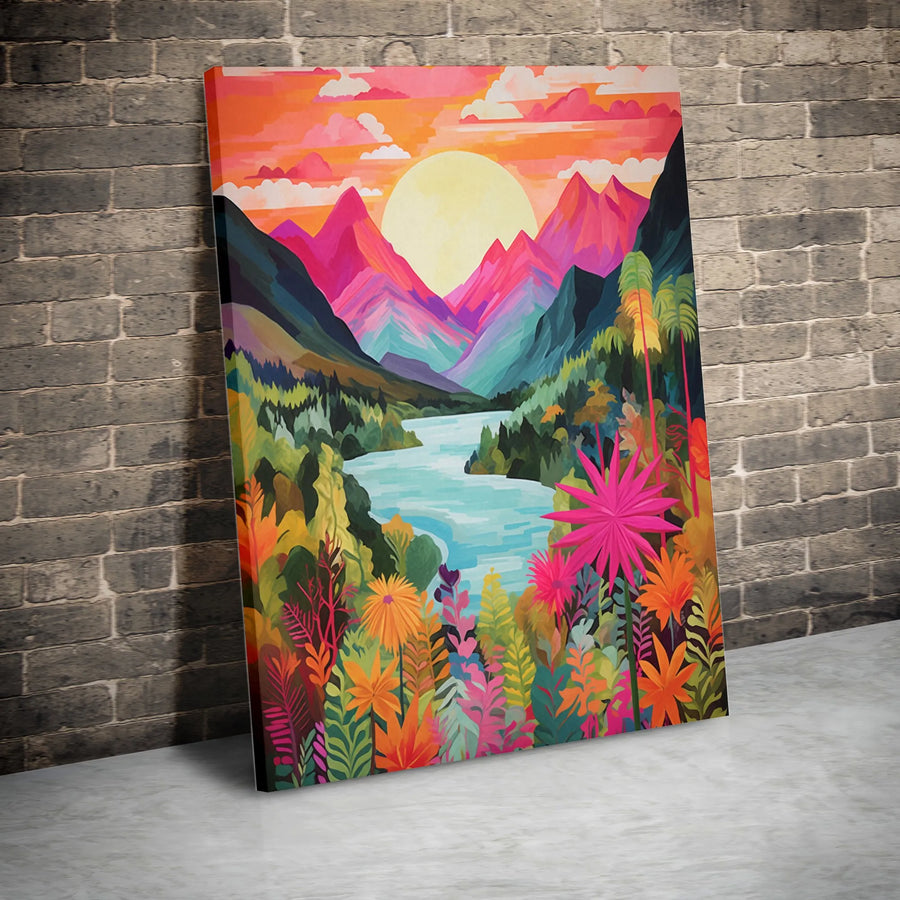 Vibrant Mountain Sunset Wall Art | Tropical River Landscape Canvas Print | Premium Gallery Wrap Decor | Colorful Nature Statement Piece