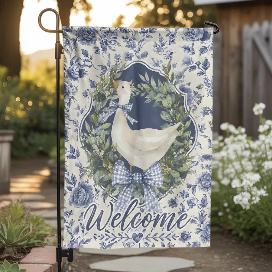 Farmhouse Goose Garden Flag | Blue Floral Welcome Sign with Gingham Bow | Double Sided Polyester | Yard & Patio Decor Housewarming Gift