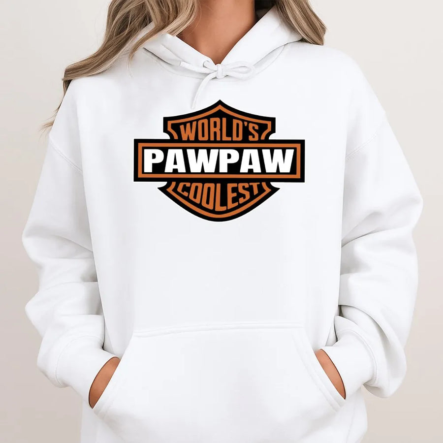 Worlds Coolest Pawpaw Hoodie | Vintage Biker Shield Graphic | Premium Cotton Blend | Funny Grandpa Birthday Gift From Grandkids