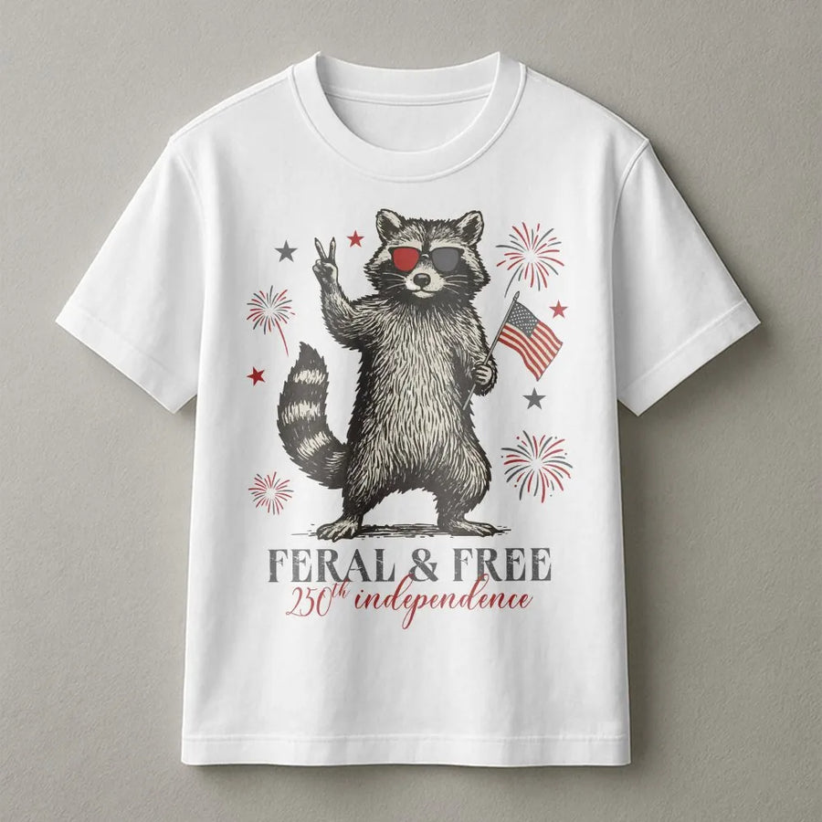 Patriotic Raccoon T-Shirt | Feral and Free 250th Independence Day Graphic | Premium Cotton Tee | Funny Fourth of July Gift for Men & Women