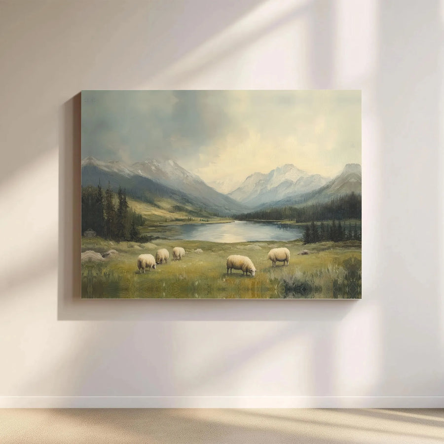 Mountain Landscape Canvas Print | Sheep Grazing Valley Lake Art | Premium Gallery Wrapped Wall Decor | Rustic Farmhouse Living Room Gift