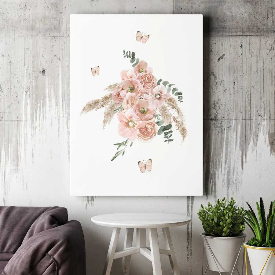 Watercolor Floral Canvas Wall Art | Blush Pink Bouquet with Pampas Grass & Butterflies | Premium Gallery Wrap Decor | Aesthetic Home Gift for Her