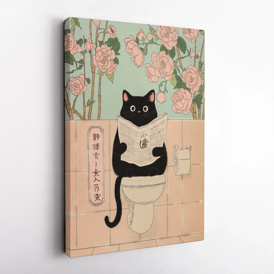 Black Cat Reading Newspaper On Toilet | Japanese Ukiyo-E Art Print | Premium 1.25" Gallery Canvas | Funny Bathroom Wall Decor Gift