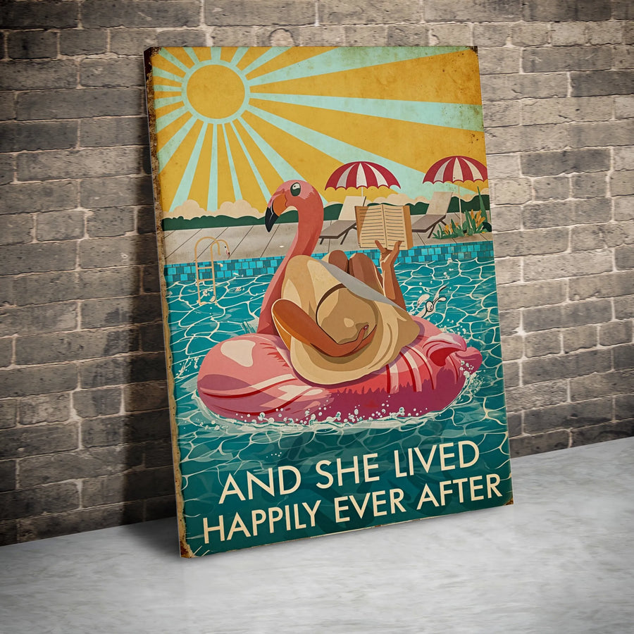 Flamingo Pool Float Wall Art | Woman Reading Book Retro Canvas | Premium Fade-Resistant Decor | Gift for Readers & Beach Lovers