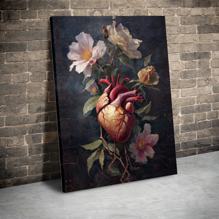 Anatomical Heart Wall Art | Vintage Floral Oil Painting Style | Premium Gallery Wrap Canvas | Gothic Romantic Home Decor Gift