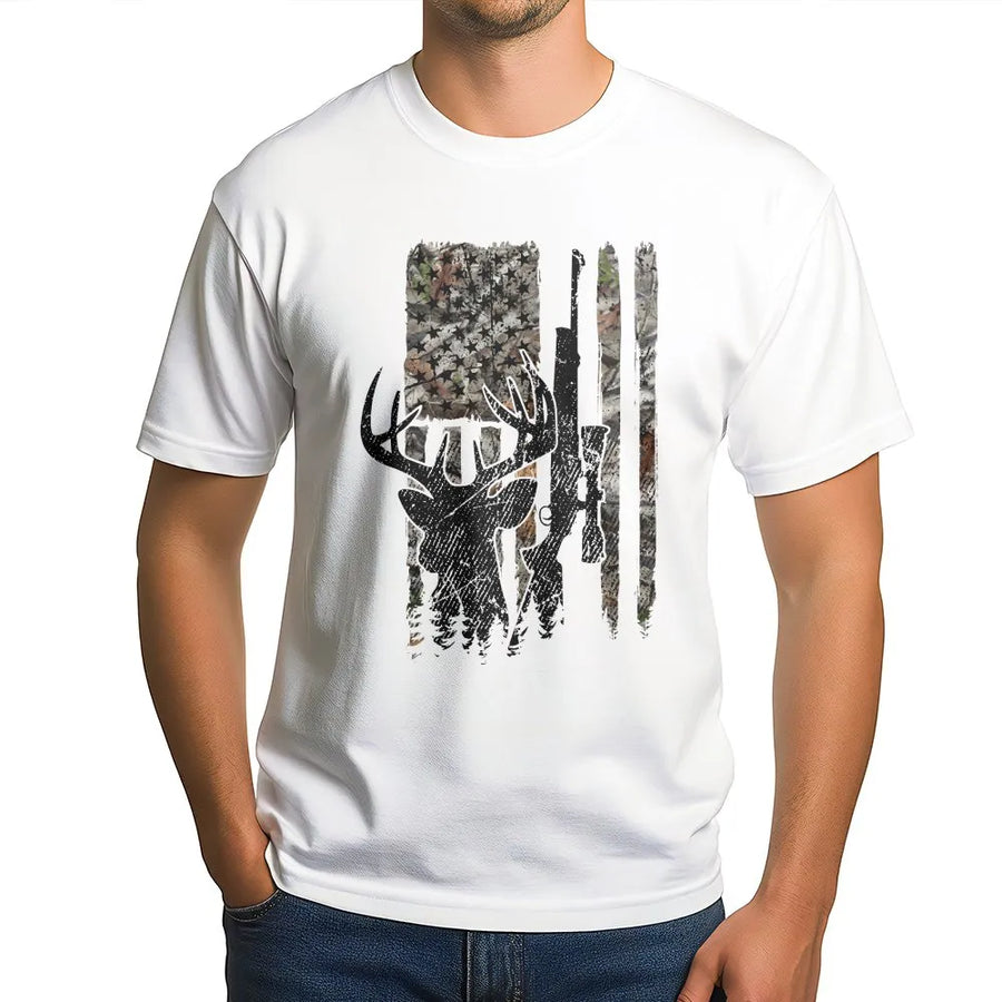 Deer Hunting American Flag T-Shirt | Distressed Buck Skull Camo Graphic | Premium Cotton Blend | Patriotic Gift for Hunter Dad